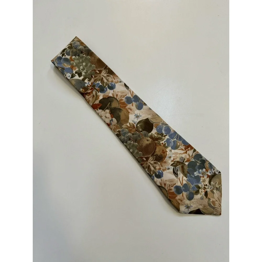 Prince Gino Italian Silk Tie Vintage Fruit Floral Grapes Blue Brown Woven Italy